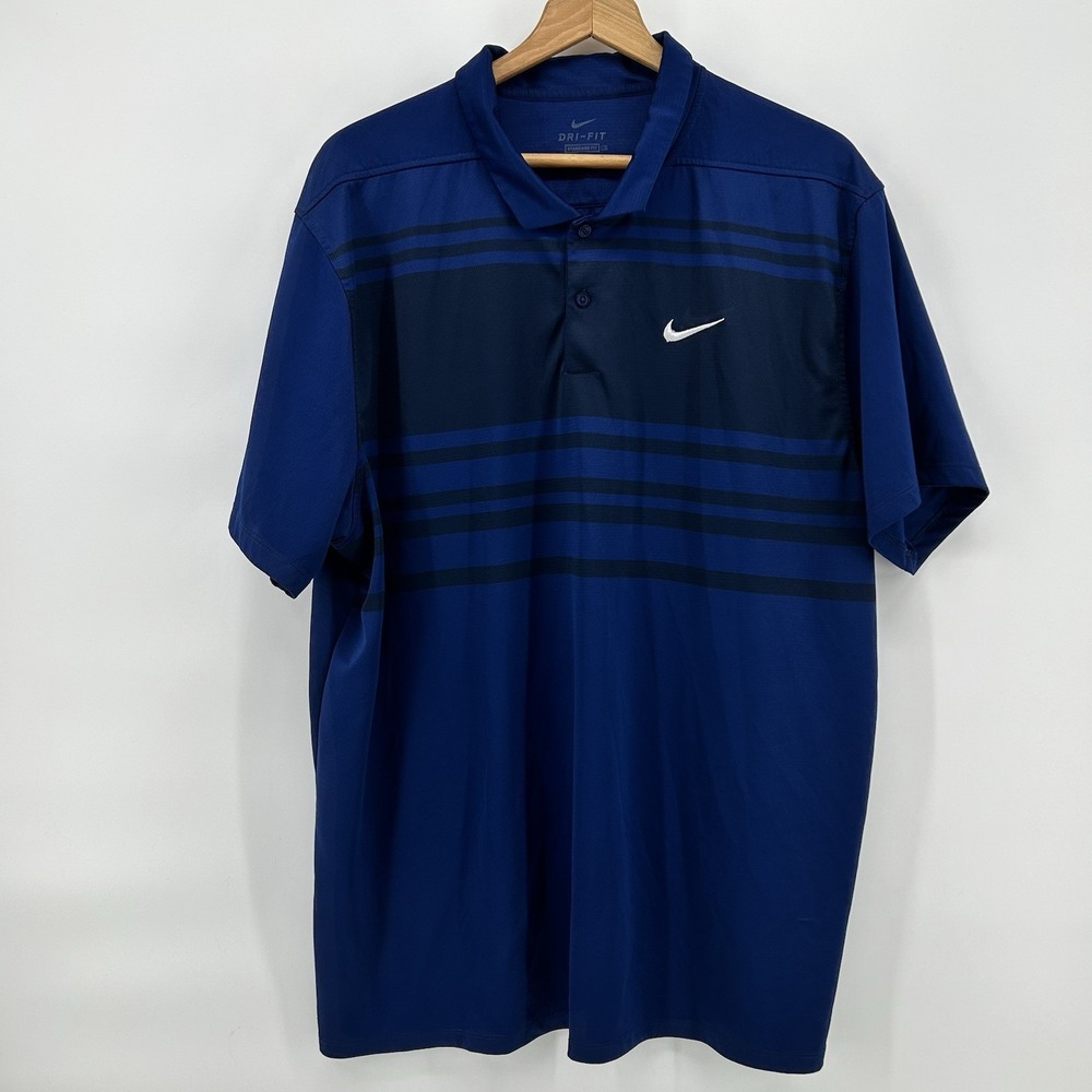 Nike Dri Fit Polo Shirt Mens 2XL Blue Golf Performance Swoosh Stripe Athletic